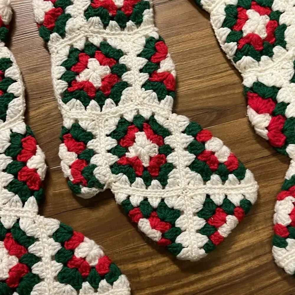 Vintage Lot of 3 Crochet Granny Square Christmas Stockings Red Green White Heels